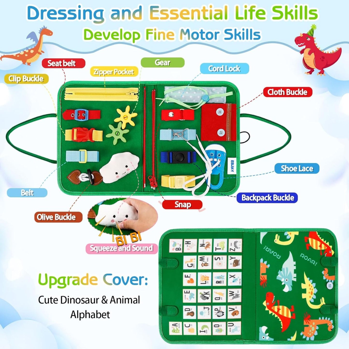 8-Page Montessori Busy Cloth Board | Dinosaur Green Travel Sensory Book 8頁合1 蒙特梭利恐龍忙碌布書 | 兒童可攜式大容量感官玩具(綠色恐龍版)