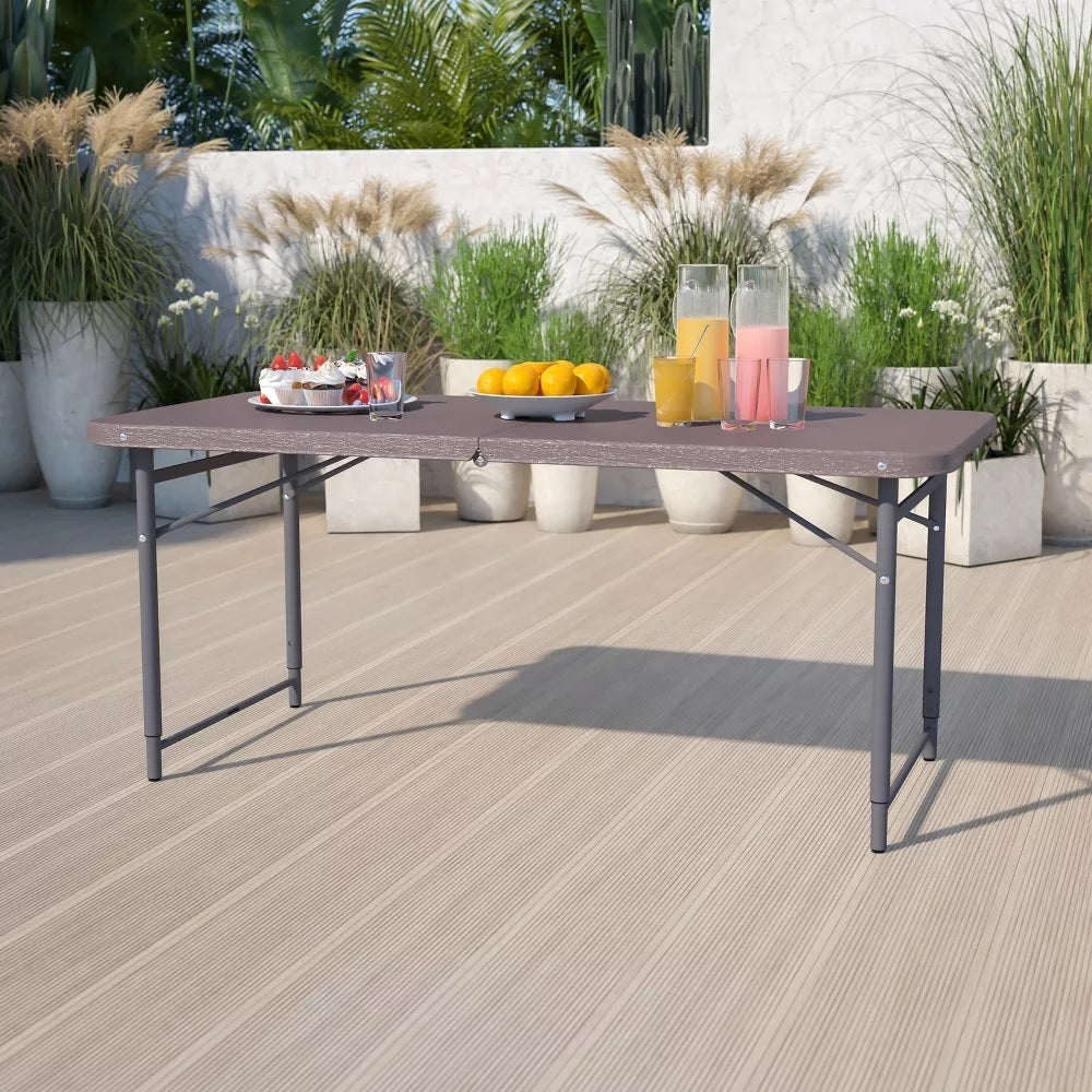 122x60cm Height Adjustable Bi-Fold Gray Wooden Grain Plastic Folding Table 可調高度折疊灰木紋色塑料折疊桌