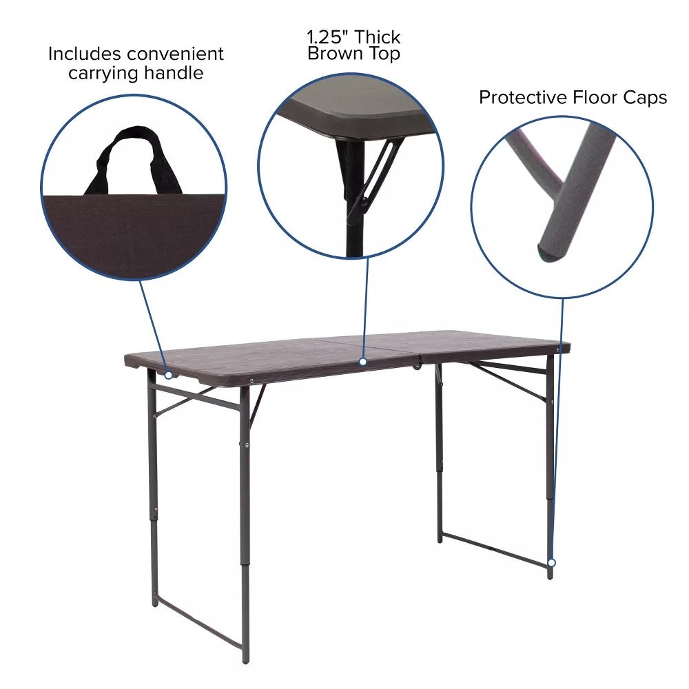 122x60cm Height Adjustable Bi-Fold Gray Wooden Grain Plastic Folding Table 可調高度折疊灰木紋色塑料折疊桌