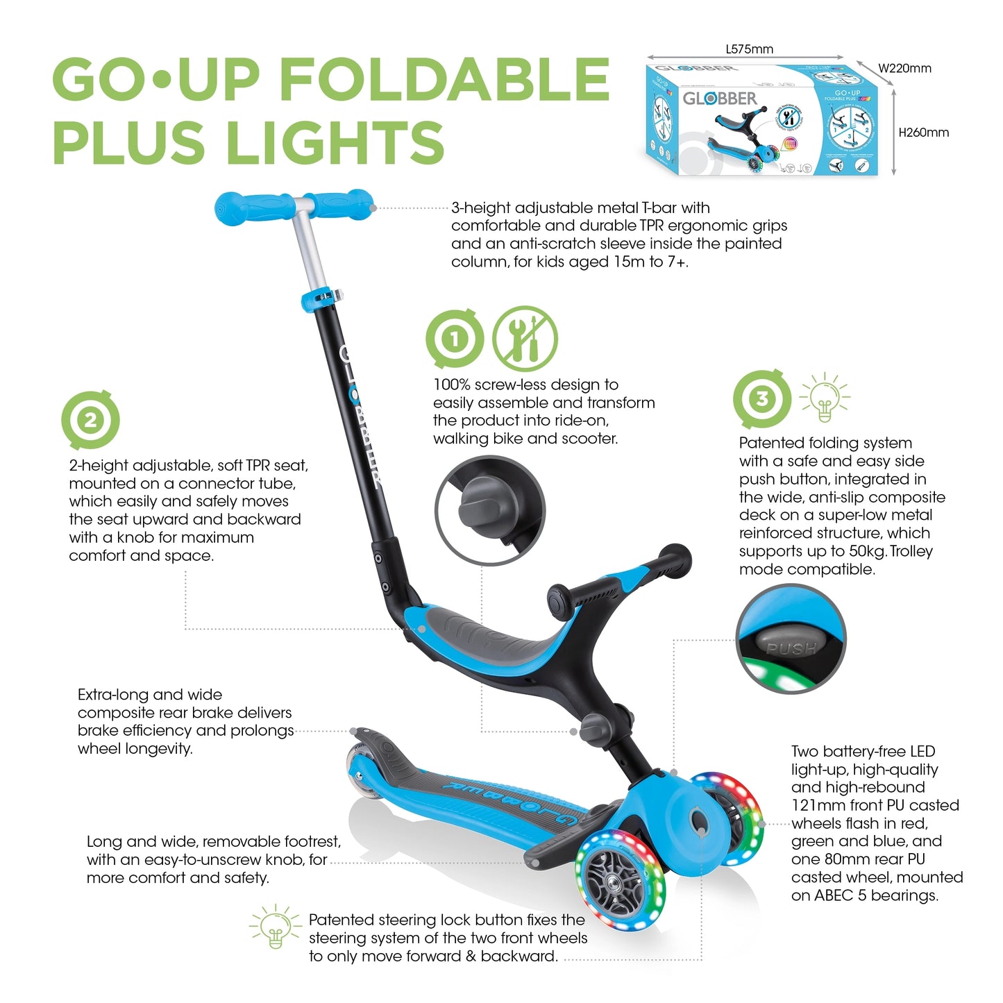 Globber Go Up Foldable Plus Light 多功能摺合閃燈三輪滑板車
