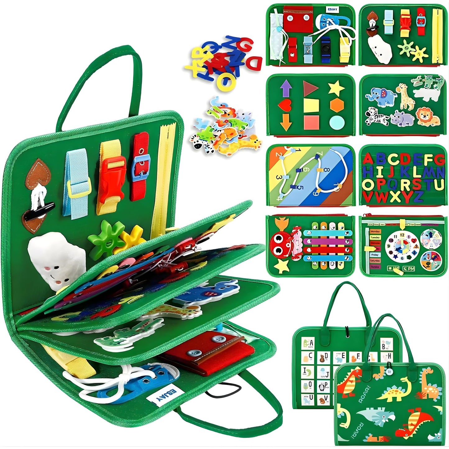 8-Page Montessori Busy Cloth Board | Dinosaur Green Travel Sensory Book 8頁合1 蒙特梭利恐龍忙碌布書 | 兒童可攜式大容量感官玩具（綠色恐龍版）