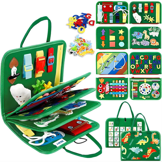 8-Page Montessori Busy Cloth Board | Dinosaur Green Travel Sensory Book 8頁合1 蒙特梭利恐龍忙碌布書 | 兒童可攜式大容量感官玩具（綠色恐龍版）