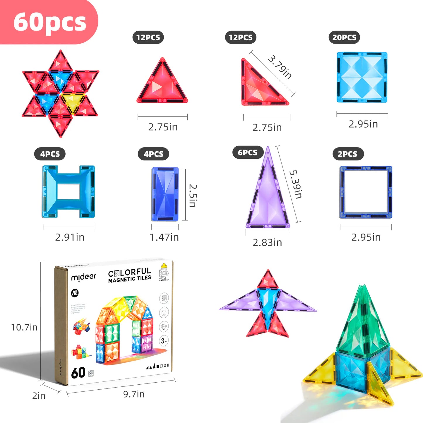 Mideer Colorful Magnetic Tiles Set of 60件 透彩磁性建構片套裝