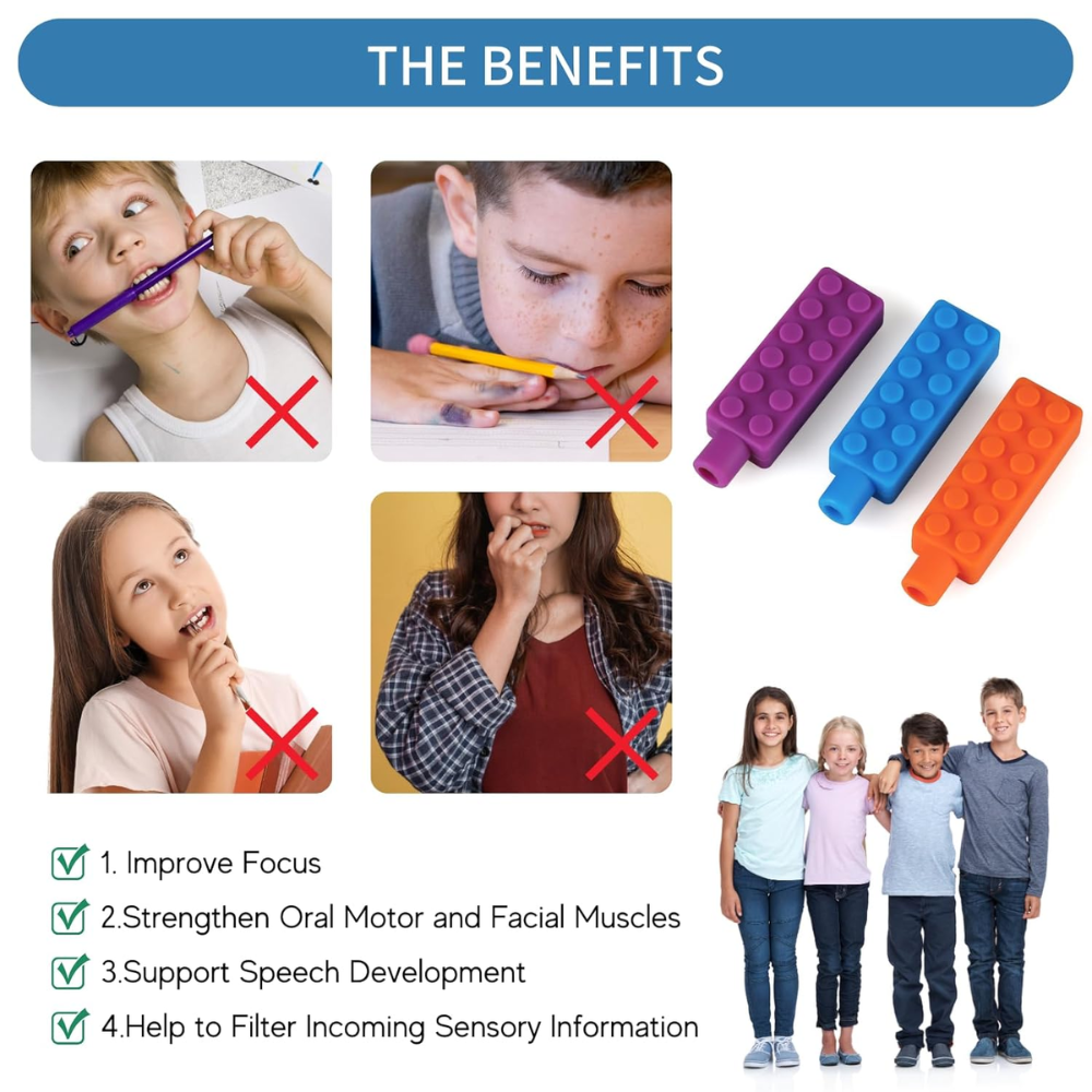 Sensory Brick Chewy Pen Topper, set of 6個混色積木款感官筆套