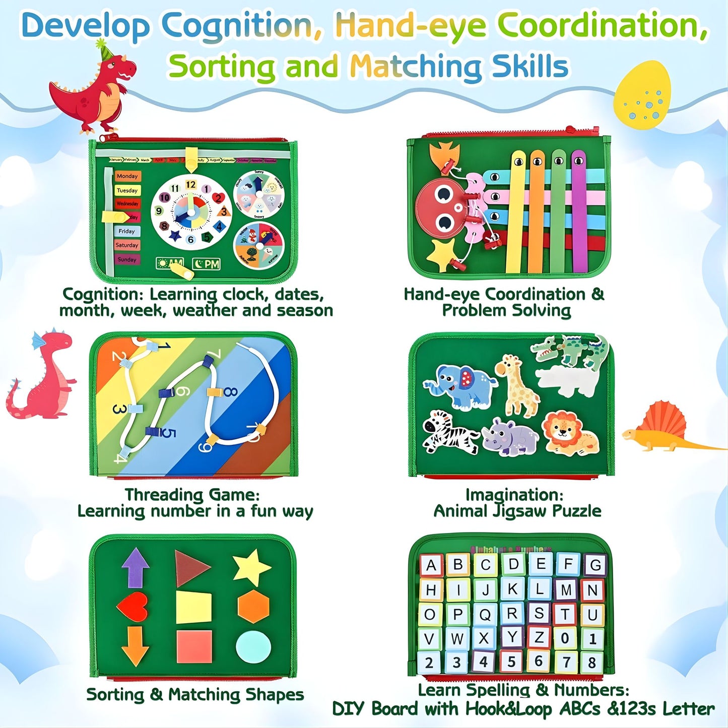 8-Page Montessori Busy Cloth Board | Dinosaur Green Travel Sensory Book 8頁合1 蒙特梭利恐龍忙碌布書 | 兒童可攜式大容量感官玩具（綠色恐龍版）