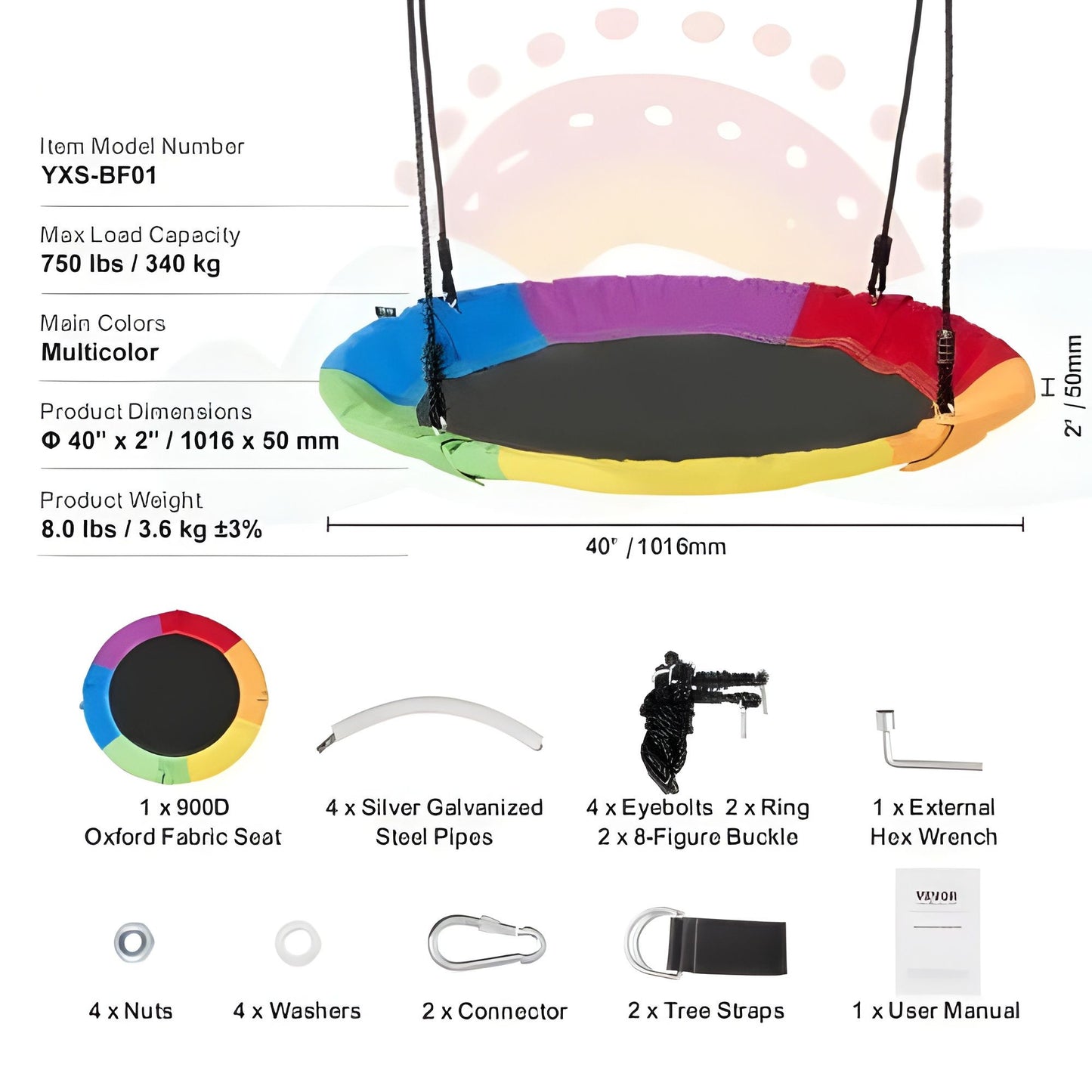 100cm Rainbow Flying Saucer Tree Swing Set Max Weight 300KG CPC Safety Appoval 40吋多彩彩虹圓盤飛碟樹木鞦韆