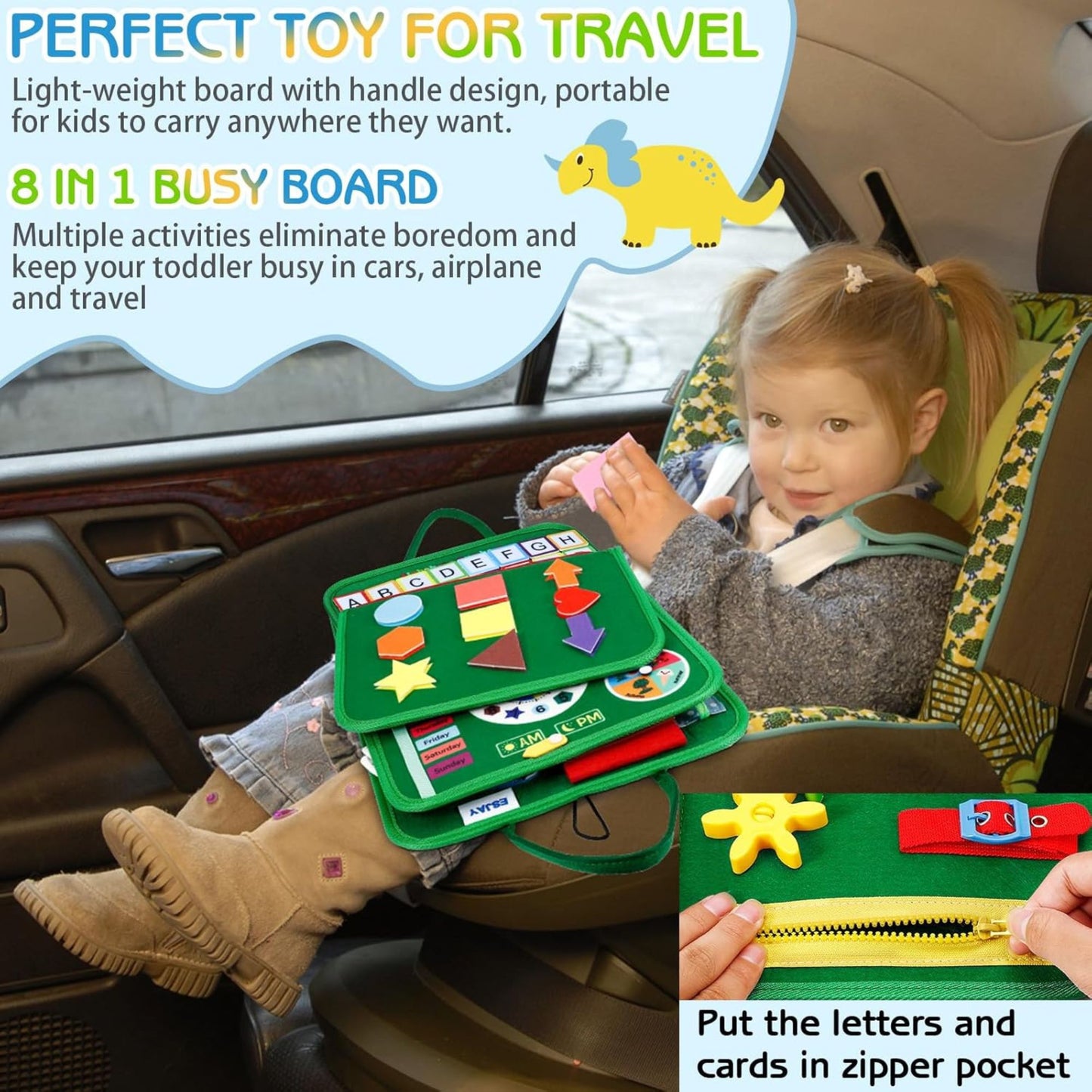 8-Page Montessori Busy Cloth Board | Dinosaur Green Travel Sensory Book 8頁合1 蒙特梭利恐龍忙碌布書 | 兒童可攜式大容量感官玩具（綠色恐龍版）