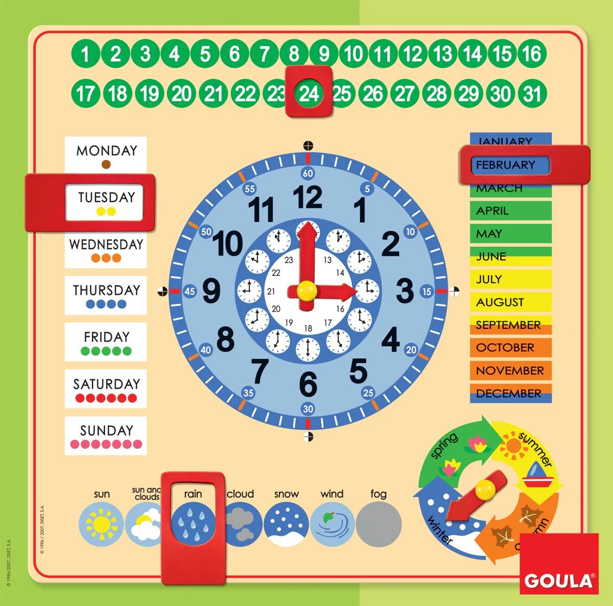 Goula Calendar Clock Large Size 44 x 44 cm 日曆季節天氣時鐘國際時間認知板大號