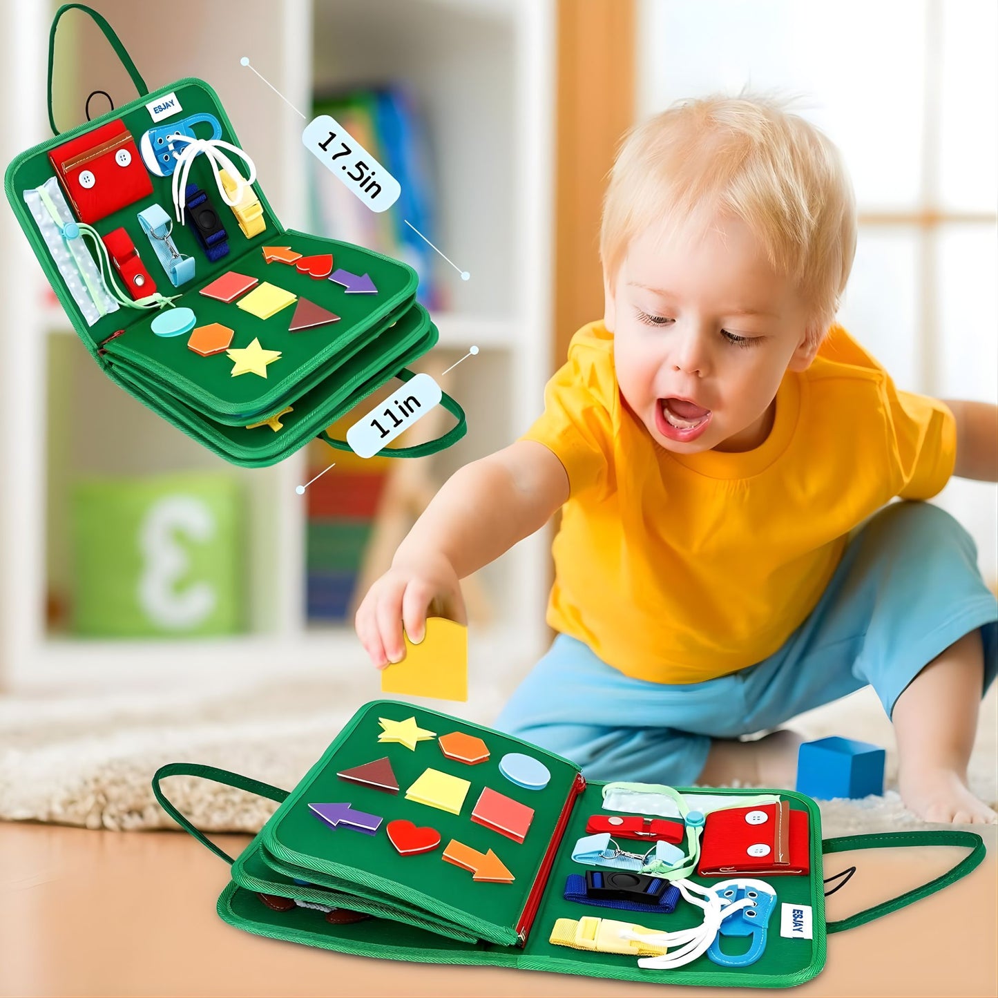 8-Page Montessori Busy Cloth Board | Dinosaur Green Travel Sensory Book 8頁合1 蒙特梭利恐龍忙碌布書 | 兒童可攜式大容量感官玩具（綠色恐龍版）