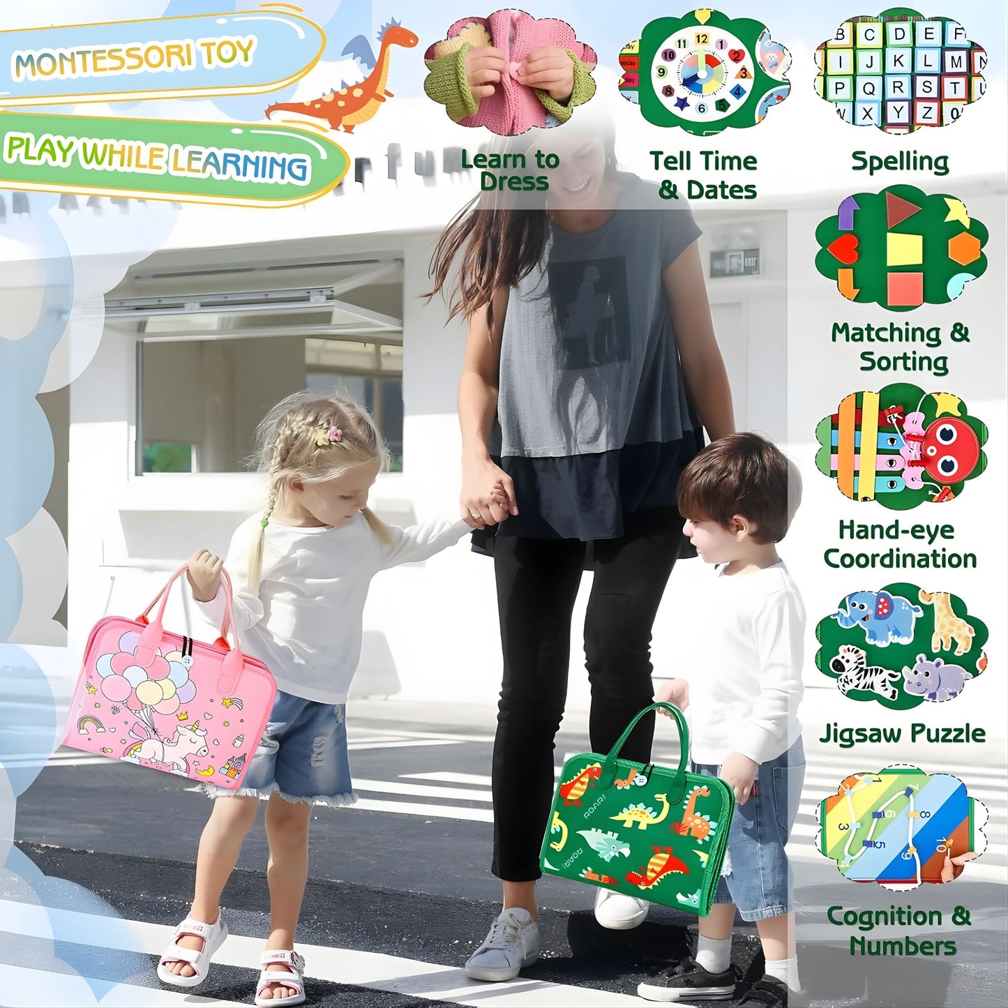 8-Page Montessori Busy Cloth Board | Dinosaur Green Travel Sensory Book 8頁合1 蒙特梭利恐龍忙碌布書 | 兒童可攜式大容量感官玩具（綠色恐龍版）