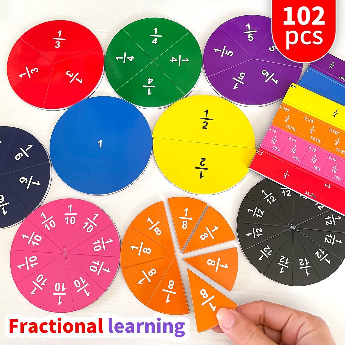 102 pcs Magnetic Fraction Set — Colored Tiles and Circles 磁性分數教具組 — 彩色磁性圓形與條形