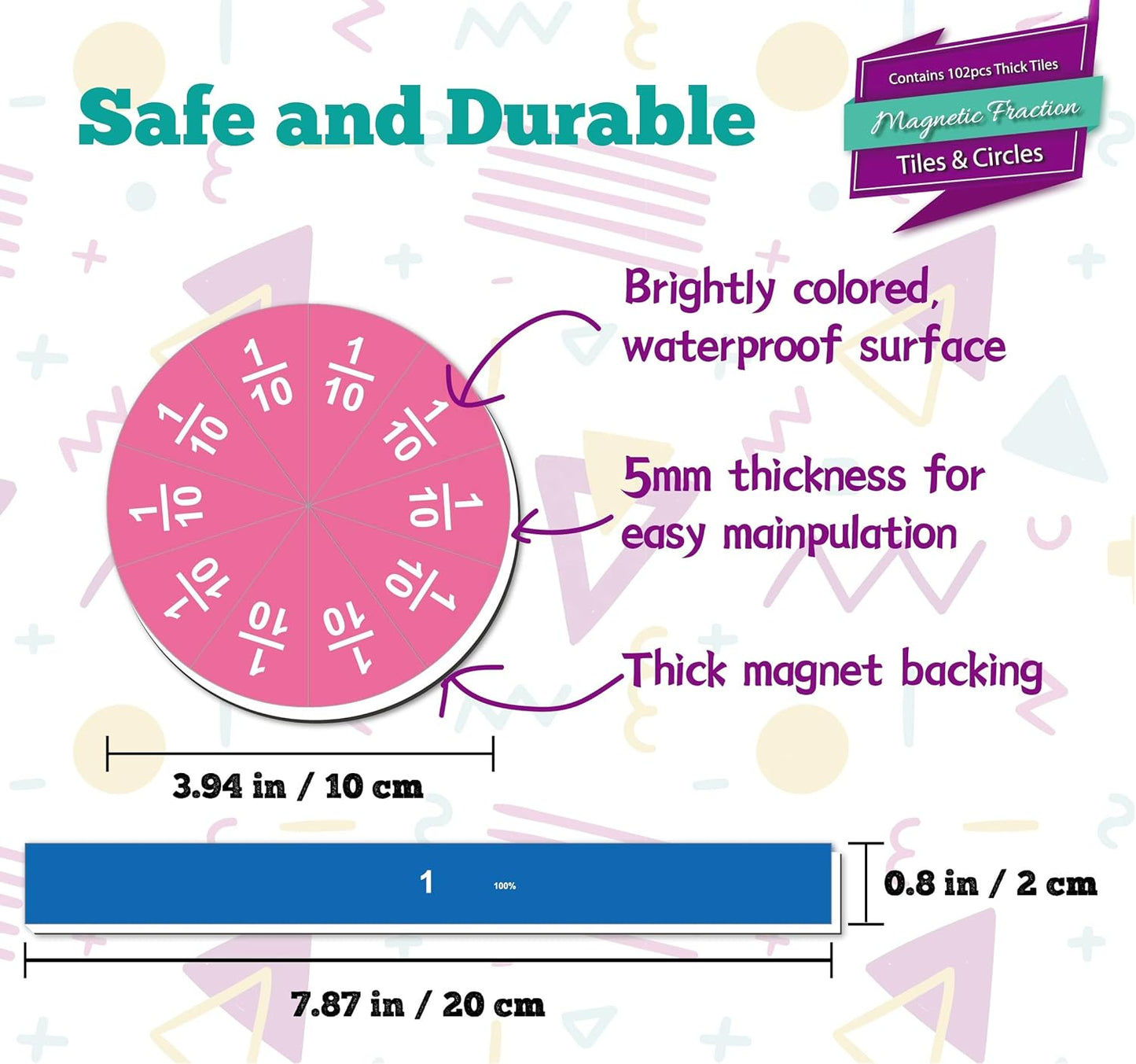 102 pcs Magnetic Fraction Set — Colored Tiles and Circles 磁性分數教具組 — 彩色磁性圓形與條形