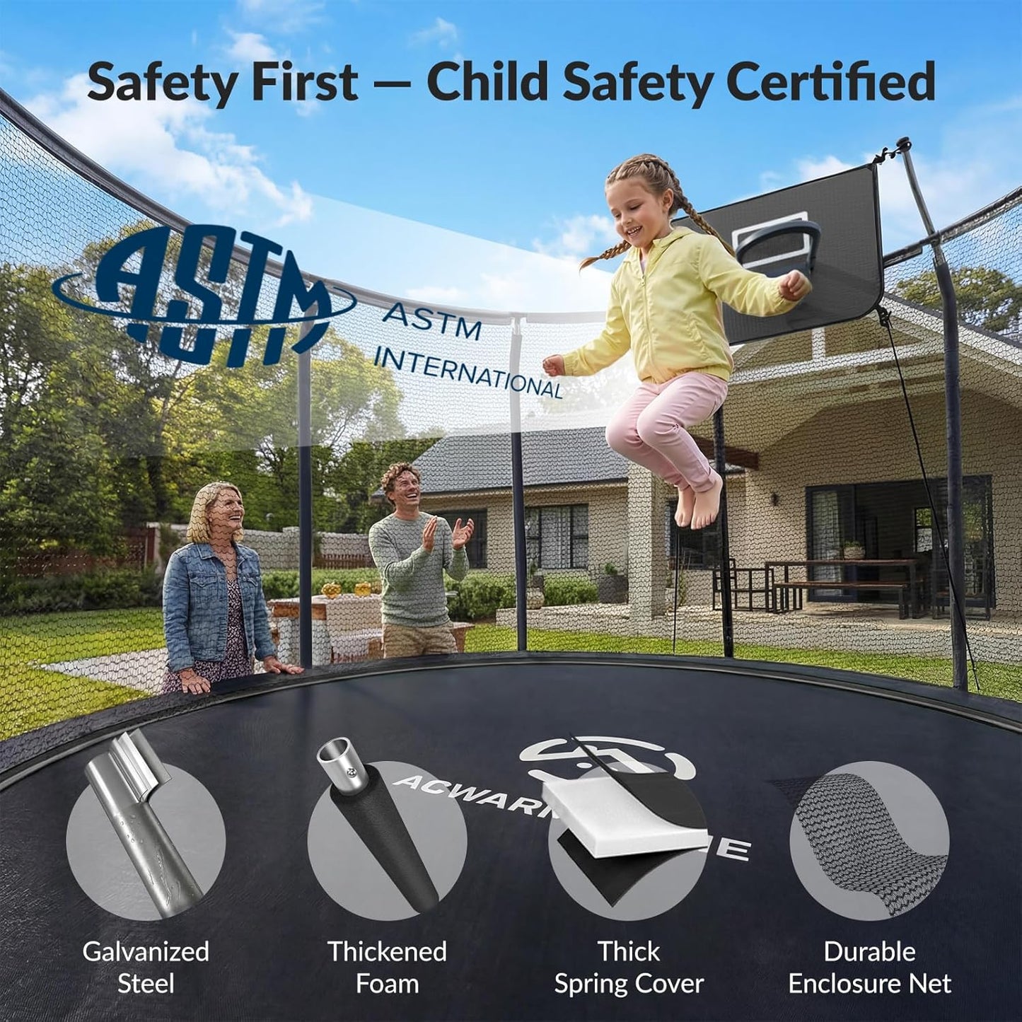 Outdoor Trampoline with Safety Net, LED Lights & Basketball Hoop ASTM F381-16 Approved 戶外大型蹦床 | 附安全防護網、LED 燈及籃球框 符合美國 ASTM F381-16 安全標準