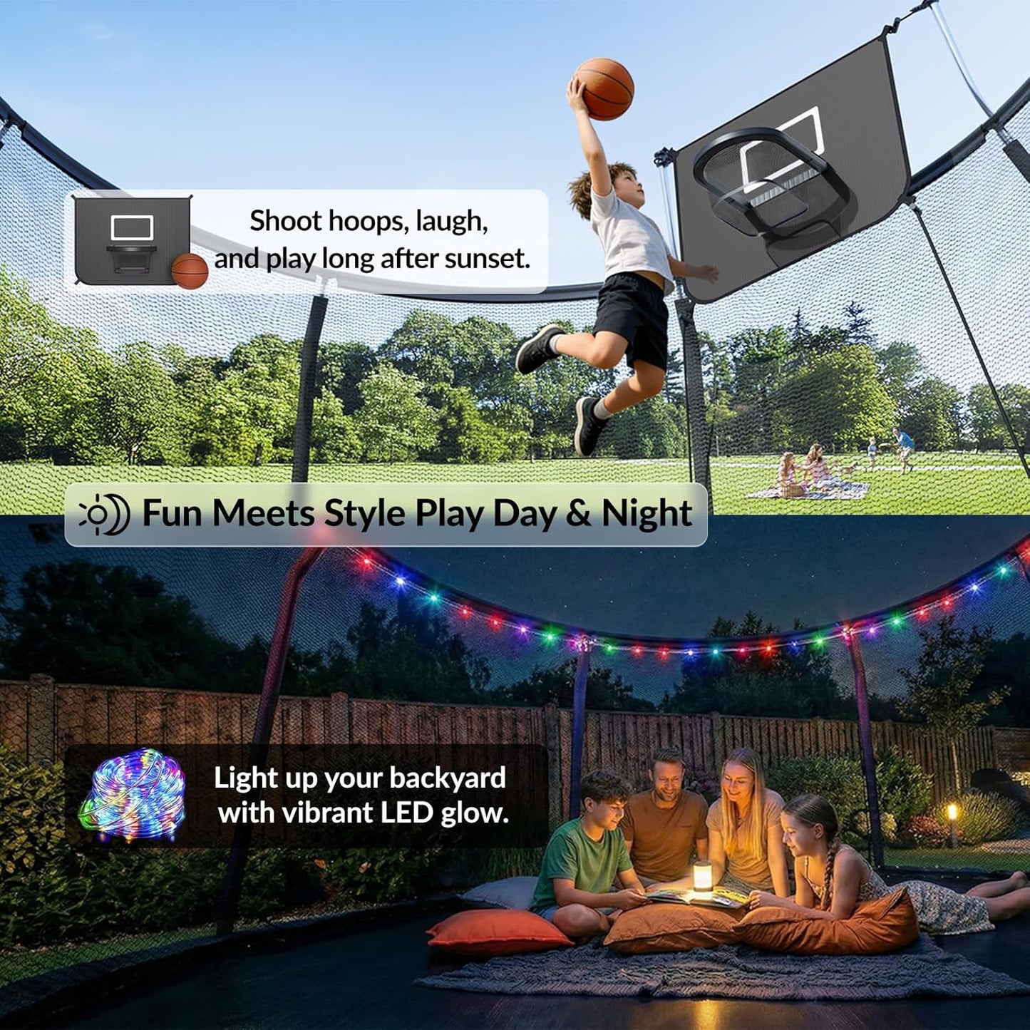 Outdoor Trampoline with Safety Net, LED Lights & Basketball Hoop ASTM F381-16 Approved 戶外大型蹦床 | 附安全防護網、LED 燈及籃球框 符合美國 ASTM F381-16 安全標準