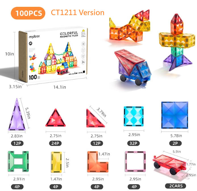 Mideer Colorful Magnetic Tiles Set of 100塊 透彩磁性建構片套裝
