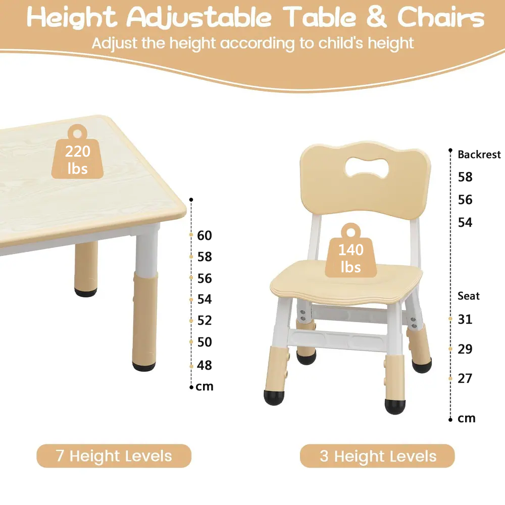 KLY 80W*60L Height Adjustable Rectangular Table & Chairs Set 可調高長方形兒童桌椅套裝