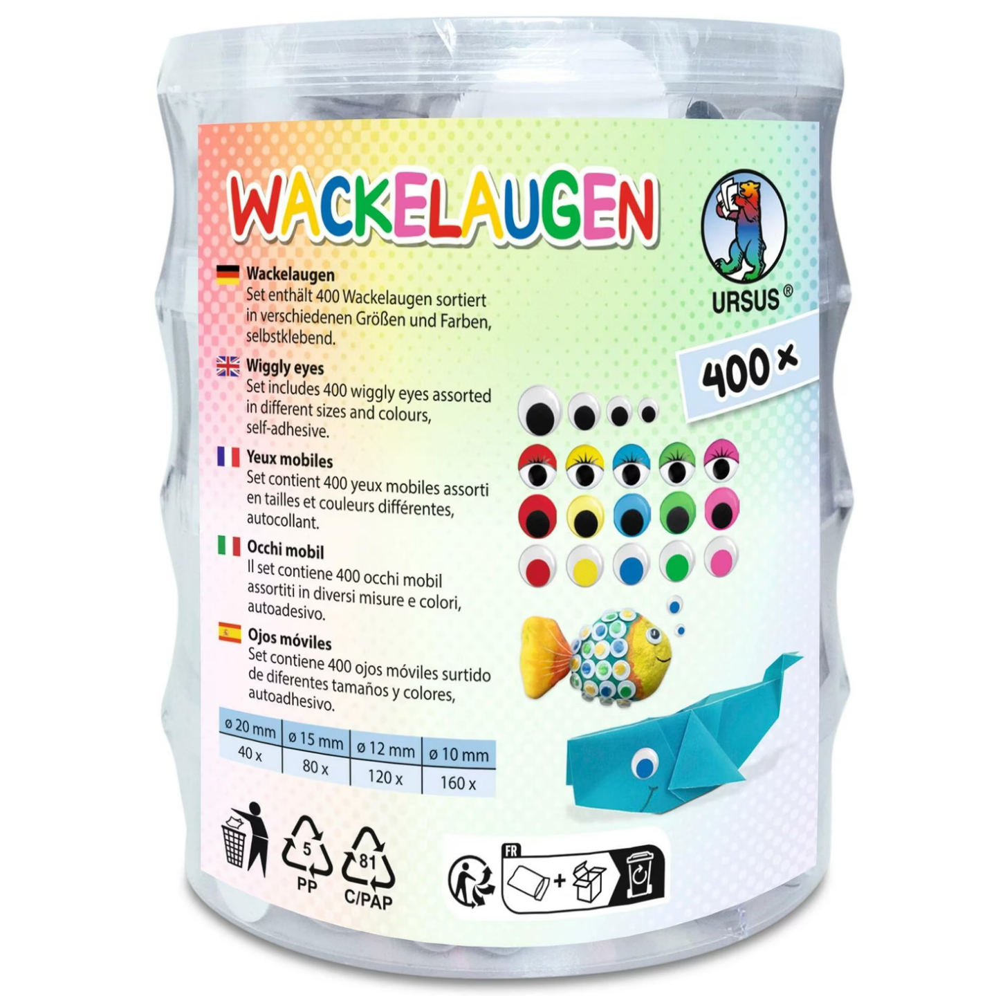 Kindermatic Plastic Wiggle Googly Eyes 4 Mixed Sizes Assorted Caddy Color Stack of 400片 塑料多彩可移動動眼手工配件