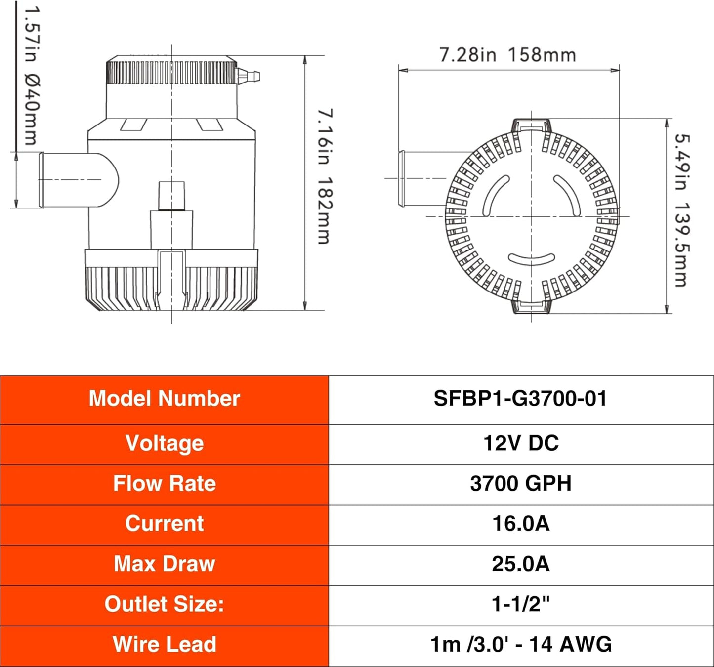 SEAFLO 01-Series 3700 GPH 12V High-Flow Submersible Pump 高流量潛水泵 防氣鎖保護