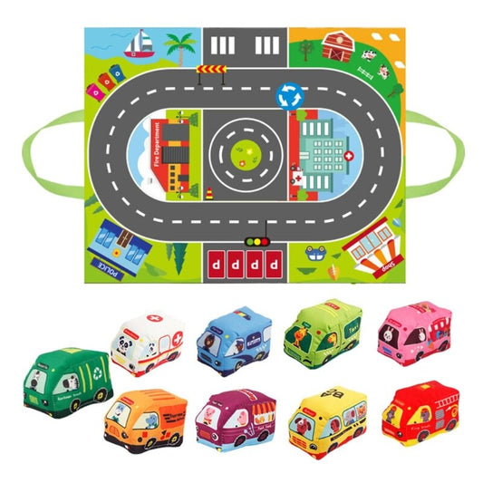 Soft Vehicle Set with Multifunctional Play Mat 布綿製交通公工具配多功能遊戲墊
