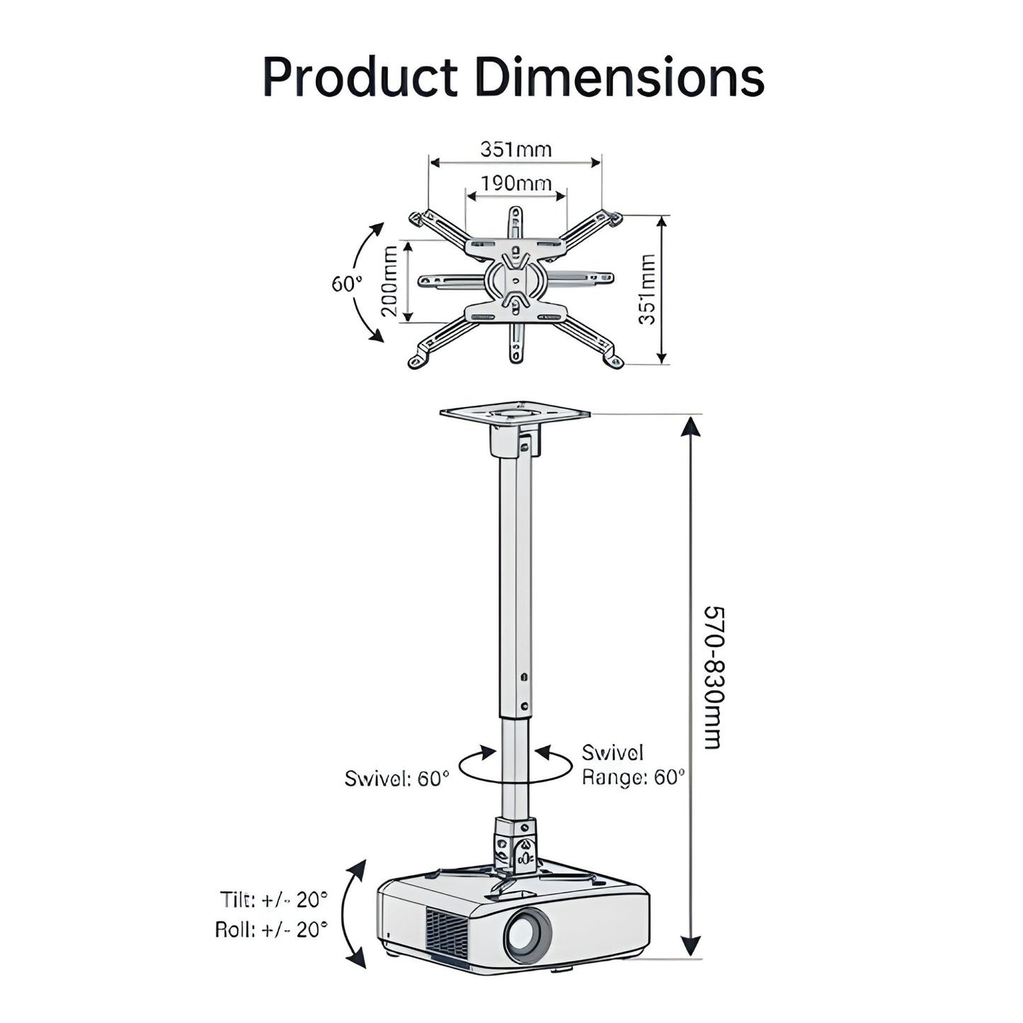 530–830 mm Heavy-duty Universal Projector Mount Bracket 通用型可伸縮專業級多功能投影機支架