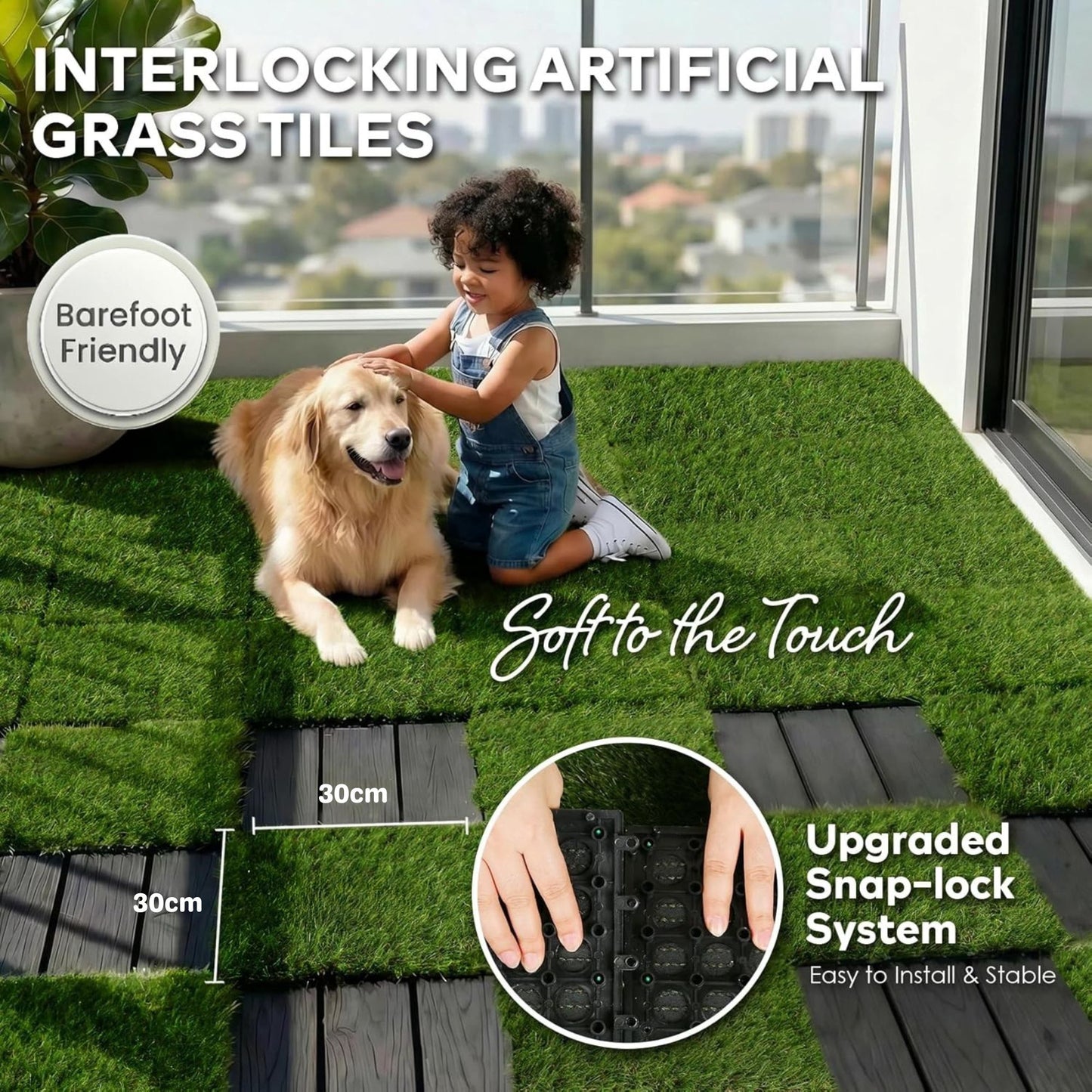 Artificial Grass Turf Interlocking Deck Tiles 30x30cm Set of 9