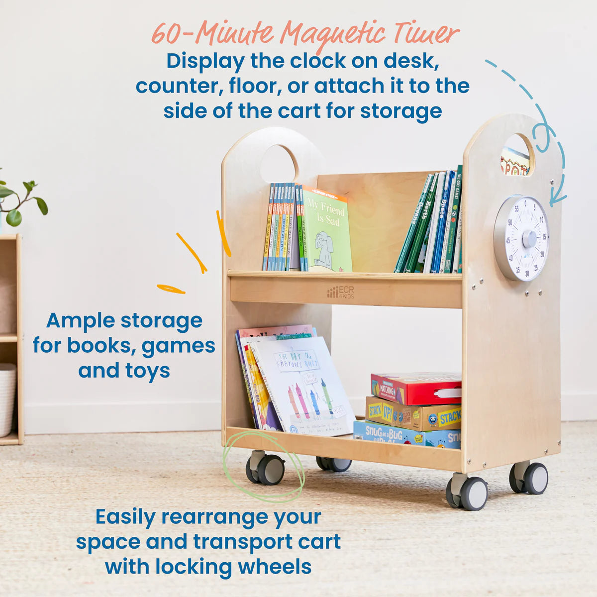 ECR4Kids Mobile Book Cart with Countdown Timer and Storage