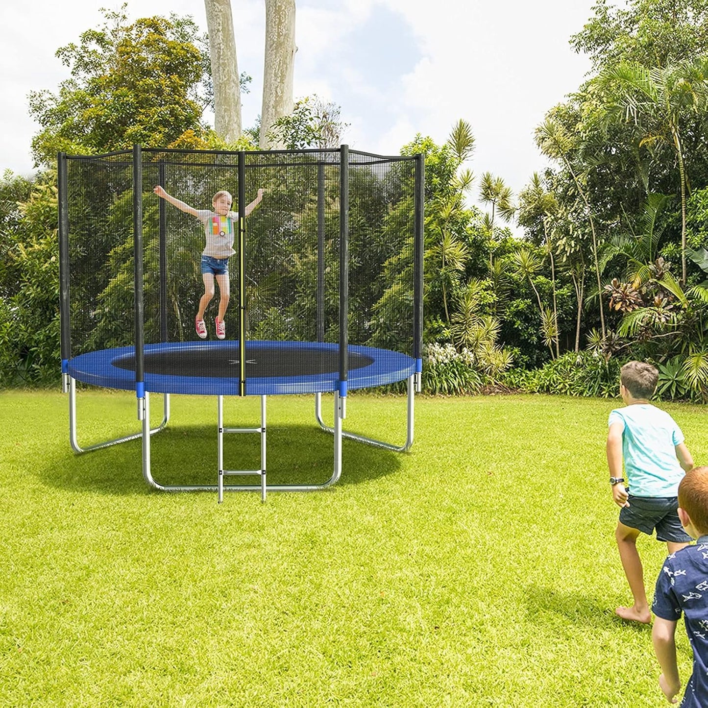Outdoor Trampoline with Basketball Hoop, Heavy Duty Jumping Mat and Spring Cover Padding for Kids and Adults, Storage Bag and Ladder