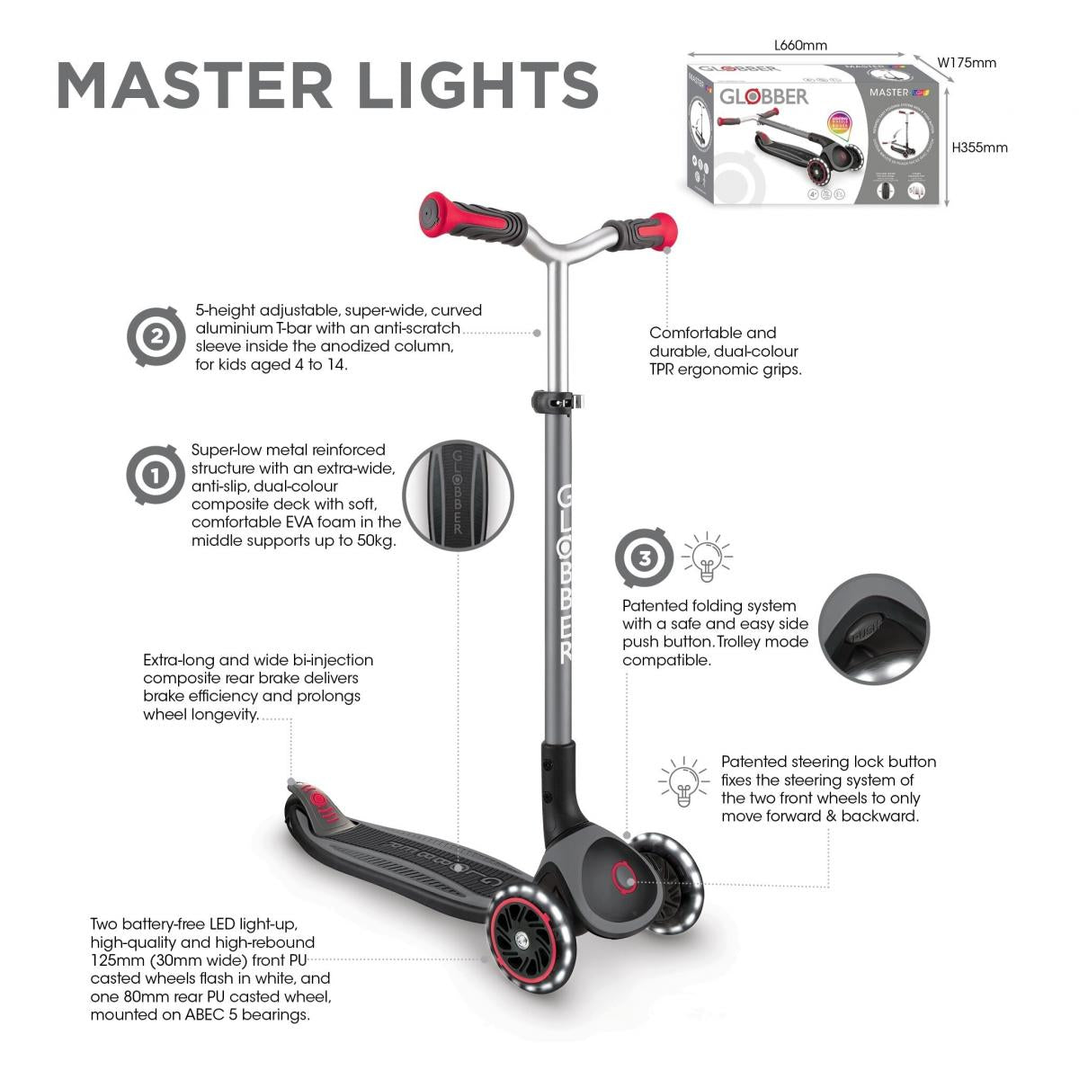 Globber MASTER LIGHTS 3-wheel Light-up Scooter 發光車輪摺疊兒童滑板車 Aged 4-14