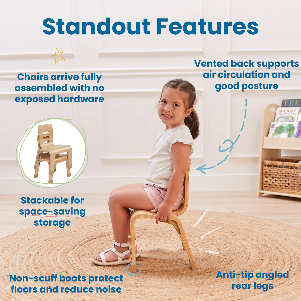 ECR4Kids Bentwood Chair, 10in Seat Height, Stackable Seats, 2-Pack 彎木椅，座高10英寸，可堆疊椅子，2件裝