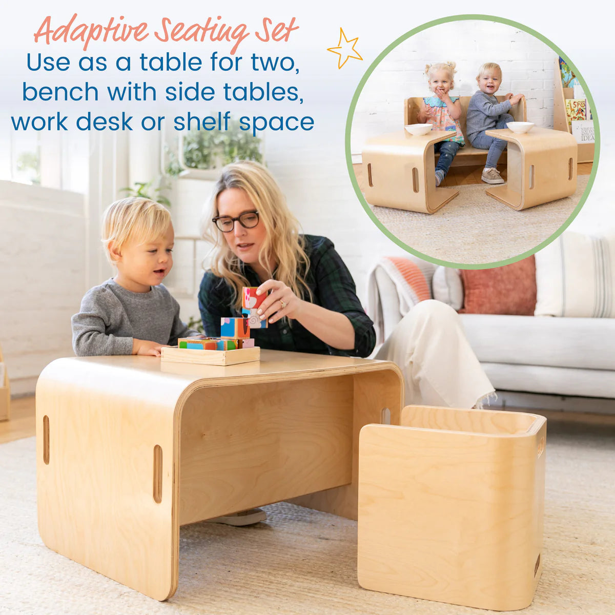 ECR4Kids Premium Bentwood Multipurpose Table and Chair Set, Kids Furniture, Natural, 3-Piece 高級彎木多功能桌椅組，兒童家具，自然色，3件裝