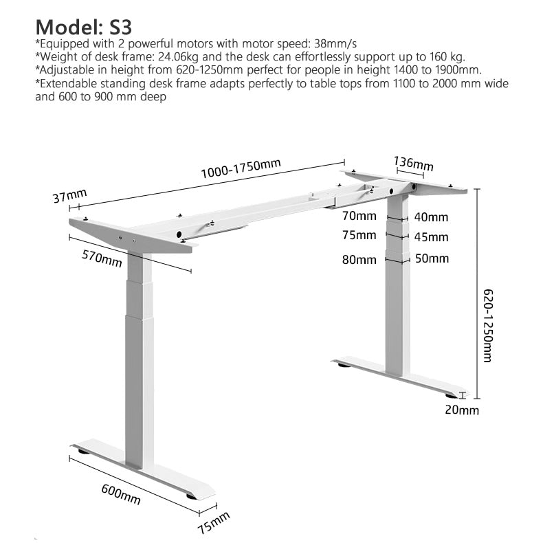Maidesite S3 Dual Motor Electric Desk for Sitting and Standing 3 Stages Height Adjustable 62-125cm高 可調節3段記憶  電動升降桌雙馬達系列