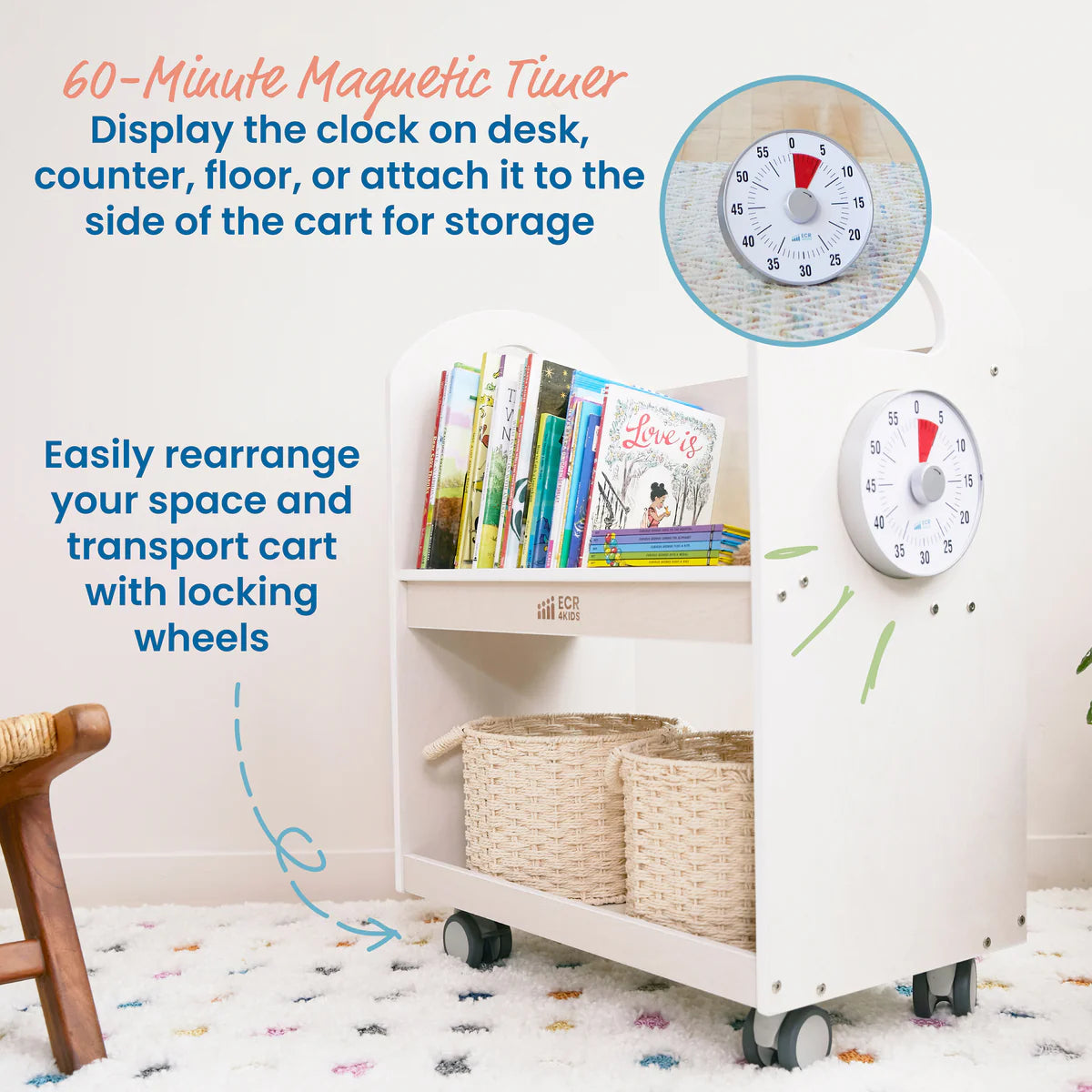 ECR4Kids Mobile Book Cart with Countdown Timer and Storage